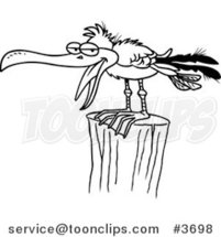 Cartoon Black and White Line Drawing of a Gull on a Post by Toonaday