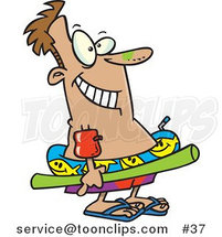 Cartoon Guy with Sunscreen on His Nose, Floaties on His Arm, and Float Toys, Ready to Swim by Toonaday
