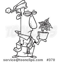 Cartoon Coloring Page Line Art of a Grumpy Employee Holding a Poinsettia Christmas Bonus by Toonaday