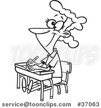Cartoon Outlined Life Long Female Student Sitting at Her Desk by Toonaday
