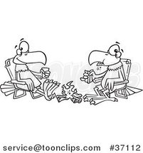 Cartoon Outlined Eagle Friends Eating Lunch by a Camp Fire by Toonaday