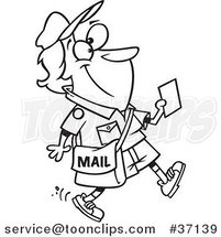 Cartoon Outlined Happy Mail Lady Walking and Holding a Message by Toonaday