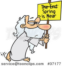Cartoon Guy Carrying a Spring Is near Sign with the End Crossed out by Toonaday