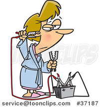 Cartoon Tired Lady Trying to up Her Energy with a Battery Jump Start Battery by Toonaday
