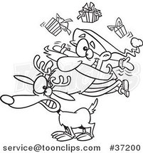 Cartoon Outlined Christmas Santa Juggling Gifts on a Reindeer by Toonaday