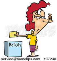 Cartoon Female Voter with a Nose Plug Putting Her Ballot in a Box by Toonaday