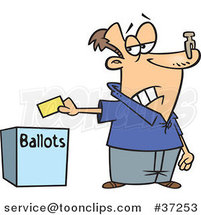 Cartoon Voter with a Nose Plug Putting His Ballot in a Box by Toonaday