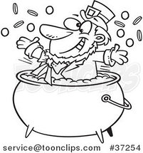 Black and White Outline Cartoon St Patricks Leprechaun Playing in a Pot of Gold by Toonaday