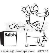 Black and White Outline Cartoon Voter with a Nose Plug Putting His Ballot in a Box by Toonaday