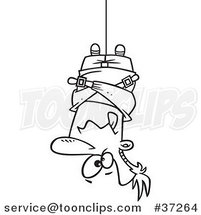 Black and White Outline Cartoon Guy Hung Upside down in a Straitjacket by Toonaday