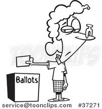 Black and White Outline Cartoon Female Voter with a Nose Plug Putting Her Ballot in a Box by Toonaday