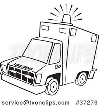 Cartoon Outlined Ambulance with Lit Siren Light by Toonaday