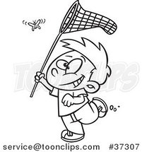 Outlined Cartoon Boy Chasing a Butterlfy with a Net by Toonaday