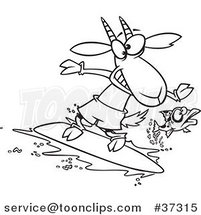 Cartoon Outlined Fish Leaping Away from a Surfing Goat by Toonaday