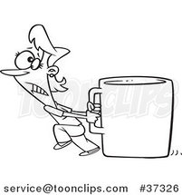 Cartoon Outlined Lady Pulling a Huge Coffee Cup by Toonaday