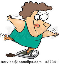 Cartoon Fat Lady Trying to Trick the Scale While Weighing Herself by Toonaday