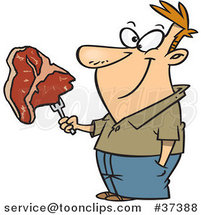 Cartoon Happy Guy Holding a Steak on a Fork by Toonaday