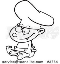 Cartoon Black and White Line Drawing of a Baby Boy Chef Wearing a Hat and Holding a Spoon by Toonaday