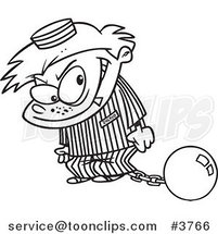 Cartoon Black and White Line Drawing of a Bad Boy in a Prison Uniform by Toonaday