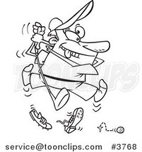 Cartoon Black and White Line Drawing of a Bad Golfer Swinging by Toonaday