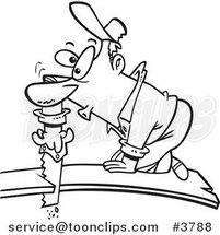 Cartoon Black and White Line Drawing of a Bad Carpenter Cutting Himself off of a Board by Toonaday