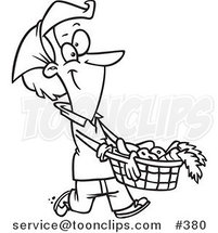 Cartoon Coloring Page Line Art of a Lady Carrying a Harvest Basket by Toonaday