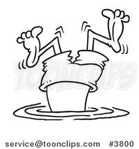 Cartoon Black and White Line Drawing of a Bad Diver Wiggling His Legs by Toonaday