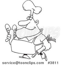 Cartoon Black and White Line Drawing of a Baker Carrying Bread by Toonaday