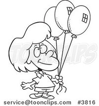 Cartoon Black and White Line Drawing of a Birthday Girl Holding Three Balloons by Toonaday