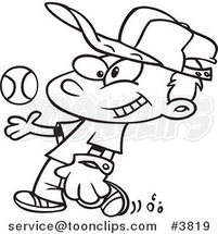 Cartoon Black and White Line Drawing of a Boy Tossing and Catching a Baseball by Toonaday