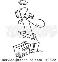 Cartoon Black and White Line Drawing of a Guy Reaching His Hand in a Ballot Box by Toonaday