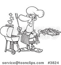 Cartoon Black and White Line Drawing of a Guy Holding Ribs by His Bbq by Toonaday