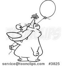 Cartoon Black and White Line Drawing of a Birthday Bear Holding a Balloon by Toonaday
