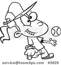 Cartoon Black and White Line Drawing of a Tomboy Girl Tossing and Catching a Baseball by Toonaday