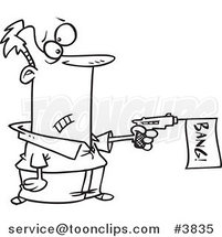 Cartoon Black and White Line Drawing of a Guy Shooting a Bang Banner out of a Gun by Toonaday