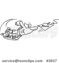 Cartoon Black and White Line Drawing of a Business Man Swimming After a Bonus Bait by Toonaday