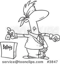 Cartoon Black and White Line Drawing of a Blindfolded Guy Putting His Vote into a Ballot Box by Toonaday