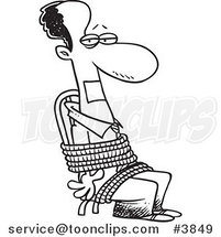 Cartoon Black and White Line Drawing of a Black Business Man Gagged and Tied up to a Chair by Toonaday