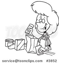 Cartoon Black and White Line Drawing of a Friendly Cashier Bagging Groceries by Toonaday