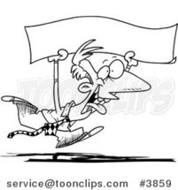 Cartoon Black and White Line Drawing of a Happy Business Man Running with a Blank Banner by Toonaday