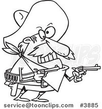 Cartoon Black and White Line Drawing of a Mexican Bandito Holding Pistols by Toonaday