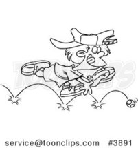Cartoon Black and White Line Drawing of a Boy Chasing a Bouncing Baseball by Toonaday