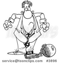 Cartoon Black and White Line Drawing of a Business Man Shackled to a Ball and Chain by Toonaday