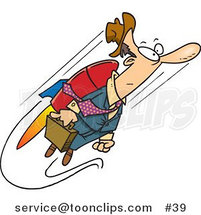 Cartoon Businessman Heading to Work While Flying, Attached to a Jet Pack by Toonaday