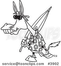 Cartoon Black and White Line Drawing of a Summer Donkey Carrying a Beach Umbrella by Toonaday