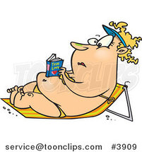 Cartoon Chubby Lady Reading a Romance Novel and Sun Bathing in a Beach Chair by Toonaday