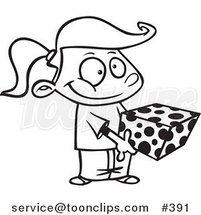 Cartoon Coloring Page Line Art of a Sweet Girl Holding a Gift Box by Toonaday