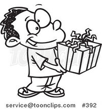 Cartoon Coloring Page Line Art of a Black Boy Holding a Gift Box by Toonaday
