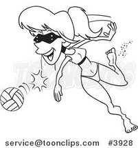 Cartoon Black and White Line Drawing of a Summer Lady Playing Beach Volleyball by Toonaday