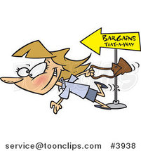 Cartoon Female Bargain Shopper Following Signs by Toonaday